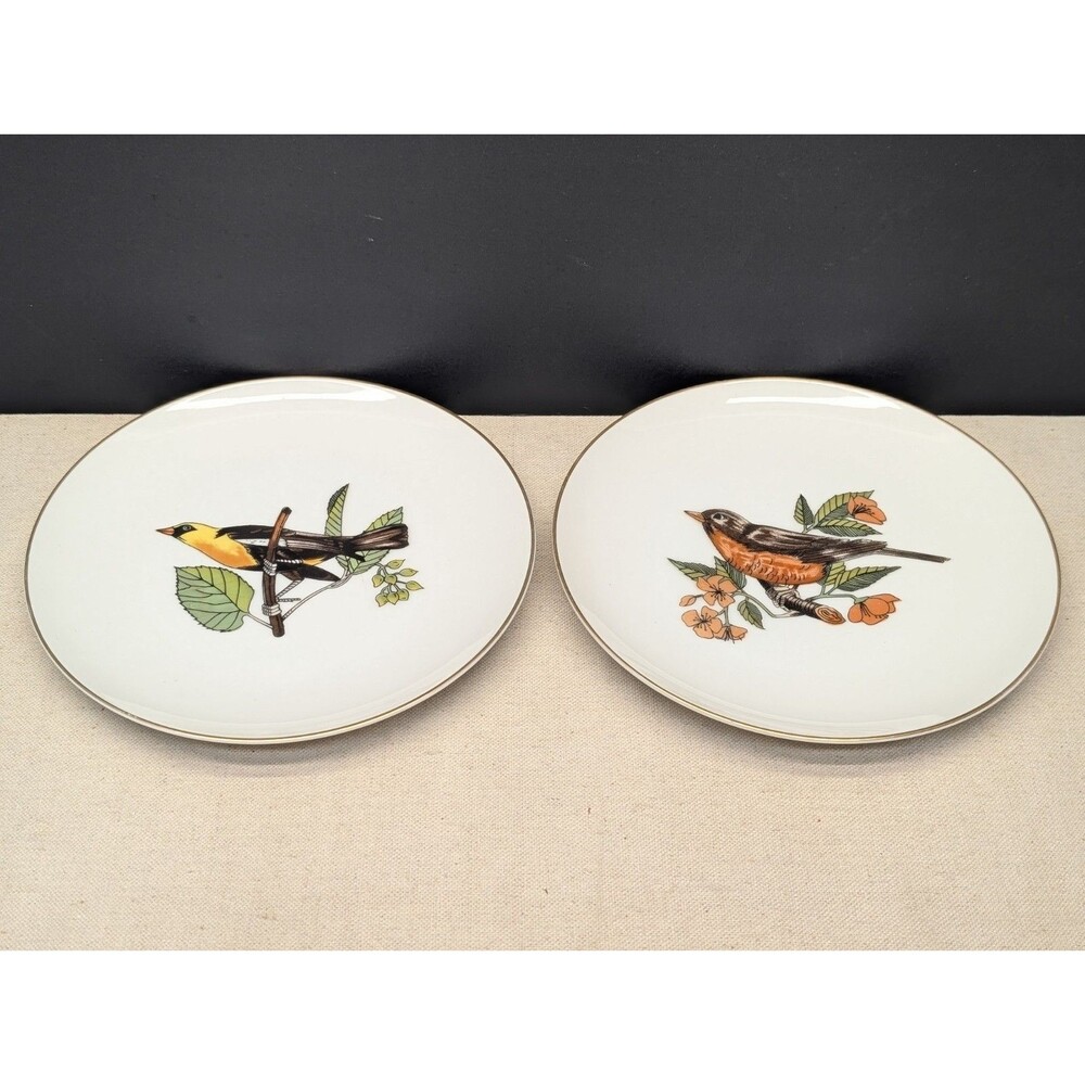 2 Vintage Fitz & Floyd for Neiman Marcus Bird Canape Plates Goldfinch Robin 7.5"